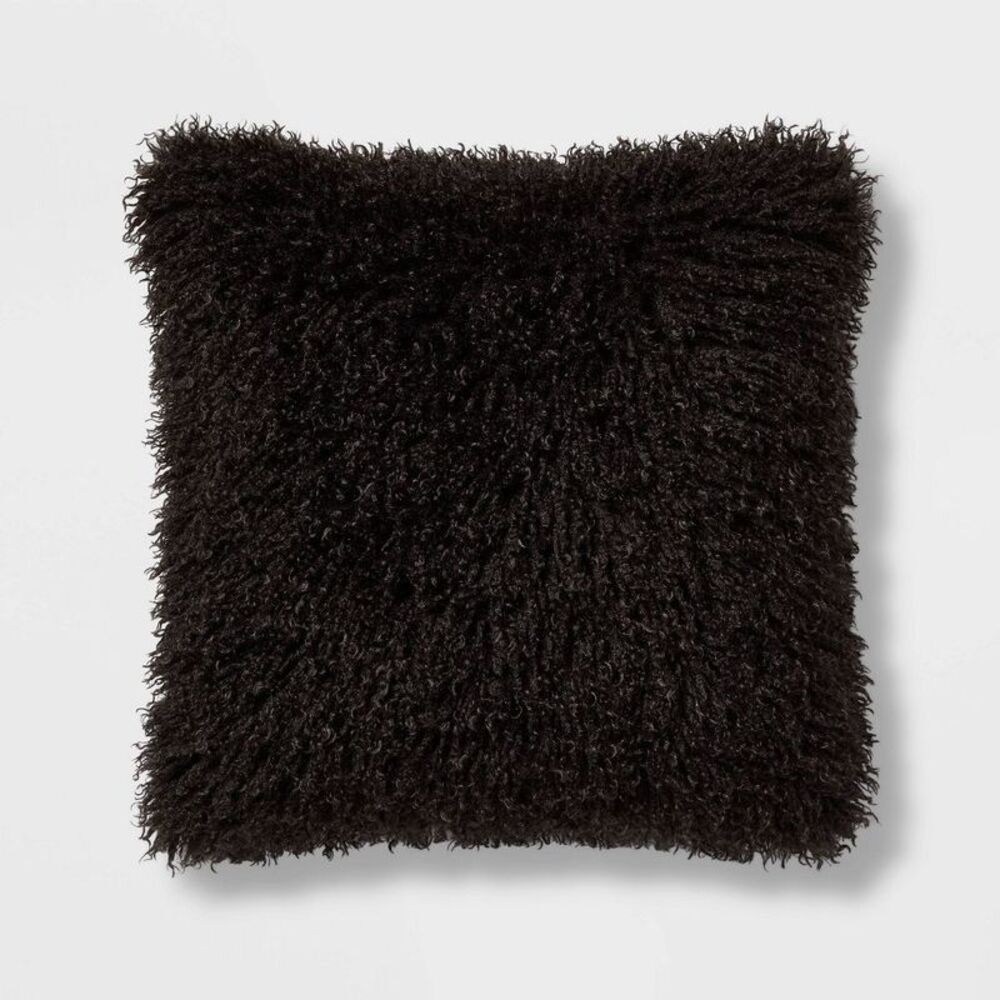 26"x26" Euro Faux Mongolian Fur Throw Pillow - Black